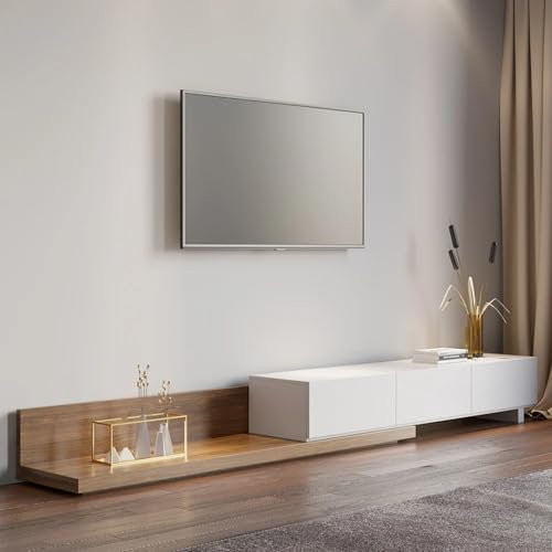 Homary Mueble de TV Extensible con Almacenamiento, Centro de Entretenimiento Rectangular de Madera en Blanco y Nogal para Sala de Estar y Dormitorio