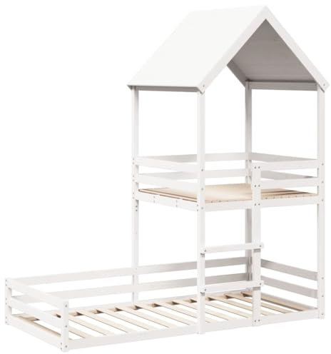 vidaXL Etagenbett, Hochbett mit Dach Leiter Sperrholzlatten, Stockbett für Schlafzimmer, Bett Holzbett Einzelbett, Weiß 90x190cm Massivholz Kiefer