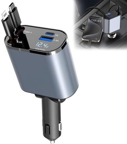 Retractable Phone Charger,Car Charger,Mobile Phone Automobile Chargers with Retractable Cables and Voltage Display,4 in 1 Car Charger for 12v / 24v Vehicles,For I-P-Hone,Android,For Samsung Galaxy