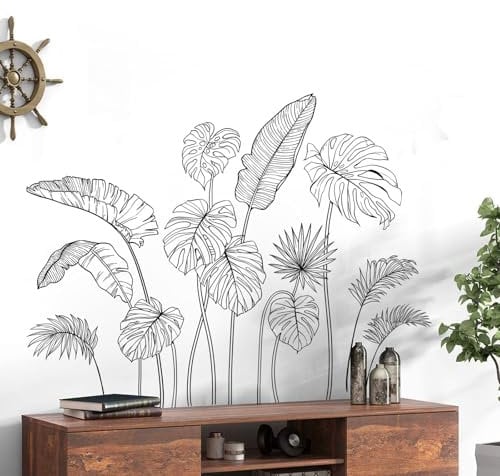 Supzone Pegatinas de Pared Blanco y Negro Plantas Tropicales Hojas de Palma Vinilos Decorativos Línea Simple Hoja de Arte Adhesivos Pared para Dormitorio Sala de Estar Cocina Sofá TV Telón de Fondo