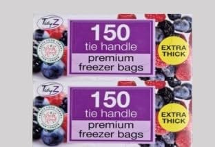 300 Premium Tie Handle Food Freezer Bags Extra Thick ideal to carry or store lunch, snacks, fresh bakes, kids lunch (x2 packs of 150 Food Freezer Bags each)