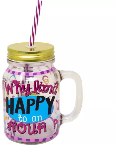 BARGAINS-GALORE Retro Glass Jam Jar - Why Limit Happy To An Hour | Drinks Jar, With Straw & Lid, Suitable For Parties, Family Gatherings & special occasions | Family Fun, Novelty | Xmas Gift