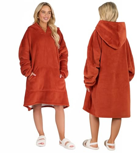 Sienna Hoodie Blanket Ultra Soft Sherpa Fleece Warm Comfy Cosy Oversized Wearable Giant Sweatshirt Throw for Women Girls Adults Men Boys Kids Big Pocket - Rust Orange