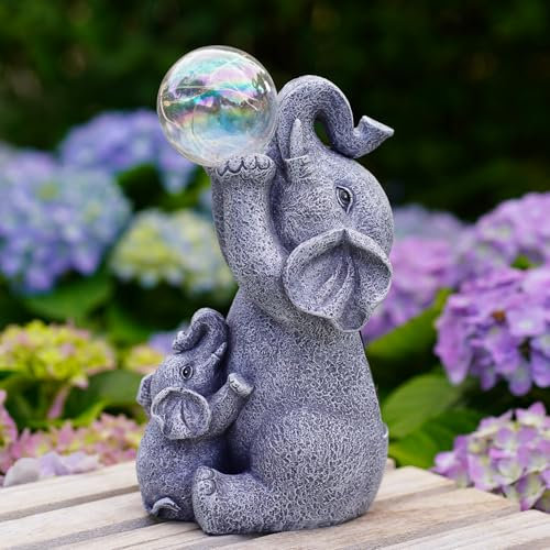 Goodeco Solar-Gartenleuchten Elefant Skulptur mit LED-Blasenkugel, Solarbetriebene Außendekoration für Garten, Terrasse, Hof – Wetterfeste Figurenlichter als Geschenk für Muttertag