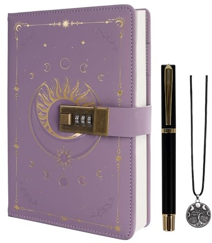 TIEFOSSI Tagebuch mit Schloss, Vintage Sonnenjournal mit Schloss für Frauen und Männer, A5 nachfüllbares Notizbuch mit Schloss zum Schreiben, 224 nummerierte Seiten