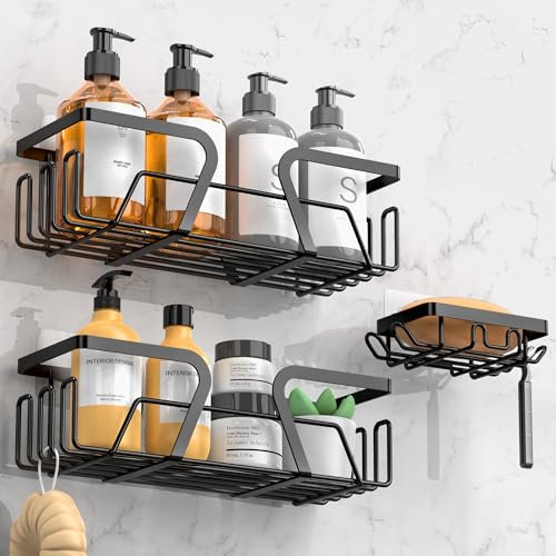 Kegii 3-Piece Shower Caddy & Soap Holder Set - Adhesive Shower Shelf Stainless Steel Bathroom Shelf, No Drilling, Black