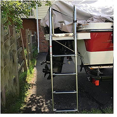 erkebspm Teleskopische 4-Stufen-Leiter für Pool/Boot, Badeleiter für Plattform, zusammenklappbare, teleskopierbare Innenbordleitern mit Griffen und breitem Pedal