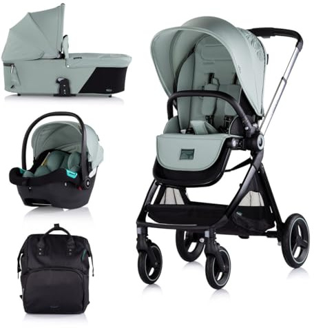 Chipolino Kinderwagen Elite 3 in 1 i-Size Babyschale Sportsitz Babywanne Tasche grün