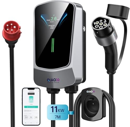 QIAO)) 11kW EV Charger Type 2, Smart App 3-Phase 8-16A, Wall Mount Electric Vehicle Charging Station with 4.3 LCD Display, IEC 62196-2 Home EV Wall Charger Type 2 to CEE 16A Plug with Cable Holder