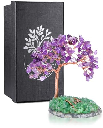 JSDDE Arbre de Vie Ornement en Pierres Naturelles Décoratif Feng Shui Arbre de Cristal Chakra Pierres et Cristaux Base Tranches d'Agate Gemmes Aventurine Guèrison Reiki Décoration 12-14cm (Améthyste)