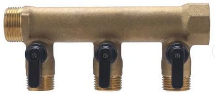 Collecteur laiton 3 départs Mâle 15/21, sortie Femelle 20/27, entree Mâle 20/27, Mini-vannes 1/4 tour, 10 bar, 90°C, idéal pour installations sanitaires et chauffage