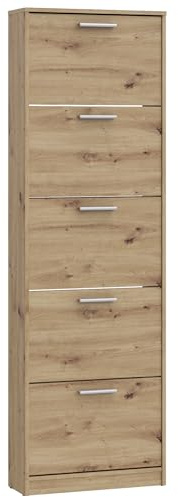 Casa Vital Schuhregal Netty, 58x20,5x186 cm, für Flur, Eingangsbereich oder Schlafzimmerecke, 5 ausklappbare Schubladen, bis zu 10 Paar Schuhe, Kunststoffgriffe, offene Rückseite für Umlauf (Eiche)