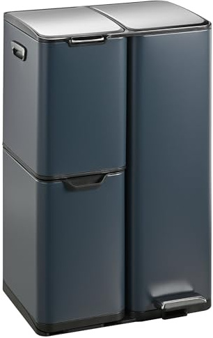 KITCHEN MOVE Poubelle de cuisine à pédale tri sélectif recyclage 60L(13+17+30L) HAJA en acier Inox Gris avec seau