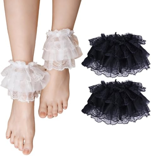 Odoukey White Cuffs 2 Pairs Ruffle Cuffs for Women Fashion Stretch Short Lace Leg Warmers Socks Topper White + Black