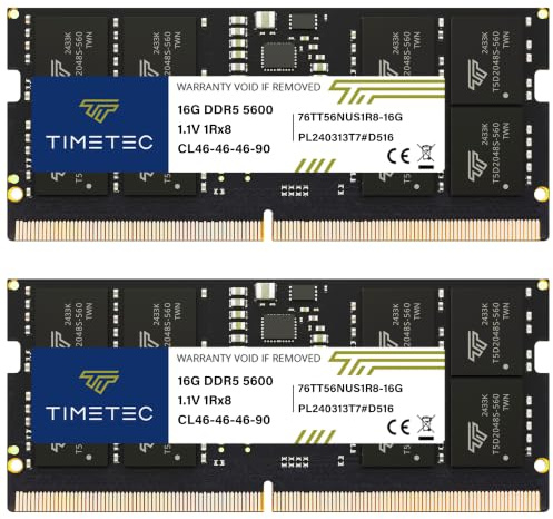 Timetec Premium 32GB KIT(2x16GB) DDR5 5600MHz PC5-44800 Unbuffered Non-ECC 1.1V CL46 1Rx8 Single Rank 262 Pin SODIMM Laptop Memory RAM Upgrade