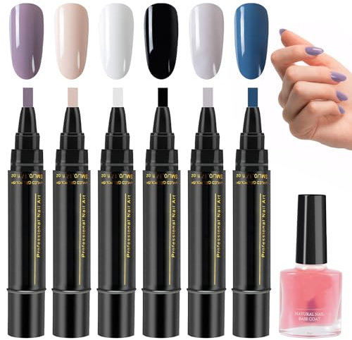 MADGININE 6 Pcs Nail Polish Pens 3 In 1 Nail Varnish Pens, Portable One Step DIY Gel Nails Polish Pen, Soak Off UV LED Nail Varnish Nail Tools for Women Girls
