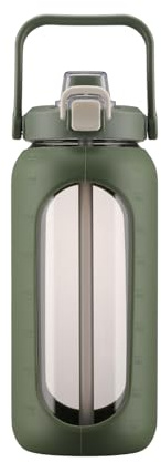 BLUEGO Bouteille D'eau 2L avec Paille et Poignée,Verre borosilicate Gourde avec Housse en Silicone pour Sport et Voyages,Anti-fuite,Sans BPA, Olive