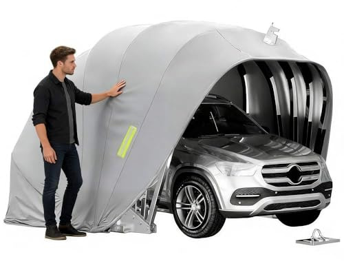 Allwetterfester Carport, Stainless Steel Mobile Faltgarage, Halbautomatischer Anti-Exposition-Carport, Kälte Und Regenfester, Abschließbar, Für Auto, SUV, Auto Garage Zelt, Grau