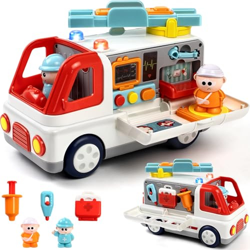 Spielzeug ab 2 Jahre, Krankenwagen Spielzeug ab 3 Jahre mit Licht Ton, Montessori Krankenwagen mit Arzt Zubehör Figuren, Viele Funktionen Lernspielzeug Fahrzeuge, Geschenke für Jungen Mädchen