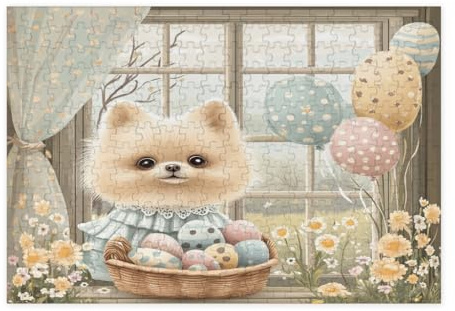 Spring Easter Pomeranian Dog Jigsaw Puzzles for Adults 300 Piece, Victoria Country Puppy Wooden Puzzles, Farmhouse Printed Decor for Entertainment Creative
