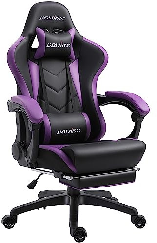 Dowinx Chaise Gaming Réglable Fauteuil de Bureau Game PC avec repose pieds, Chaise Gamer avec Support Lombaire de Massage, PU Ergonomique siege gamer avec appui tête, Fauteuil de Style Course(Violet)