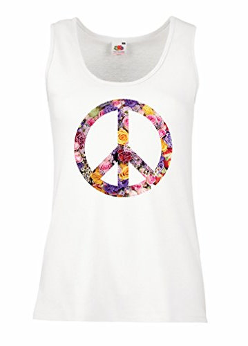 lepni.me Damen Tank-Top Friedenssymbol, 1960er 1970er Jahre Hippie Hippie-Fest Schild Blume Sommer (S Weiß Mehrfarben)