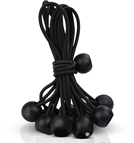 10 Pcs Tarpaulin Bungee Balls Black 20cm long Elastic Ties Fully Stretched Up to 40cm - Small Bungee Cords with Balls used for Flags Awnings Canopy Scaffold Furniture Covers or as Tarpaulin Ties