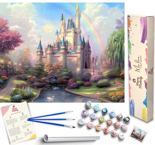 Home Melody Malen nach Zahlen Erwachsene ohne Rahmen - 40x50 cm, Märchenschloss unter Regenbogen, DIY Öl-Gemälde Kit mit Zubehör, Set mit Leinwand, Ölfarben, Pinsel, Geschenk Bastelset Erwachsene