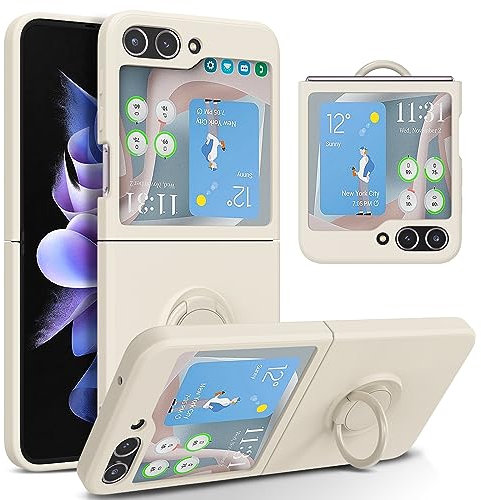 UEEBAI Silicone Case with Ring for Samsung Galaxy Z Flip 5 5G, Lightweight Foldable Slim Case Shock Absorption Slim Cover with Ring 360 Degree Rotation Stand Protective Cove - White