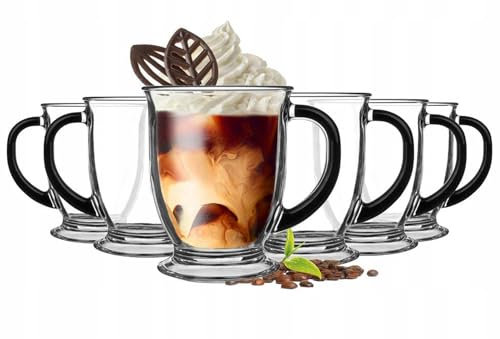 Glasmark KROSNO 1992 Kubas Taza de Cristal Tazas Set 6 Vasos Vidrio de Café con Asa Negra Vasos Para Capuchino y Café Helado Aptos Para Lavavajillas 6 x 400ml