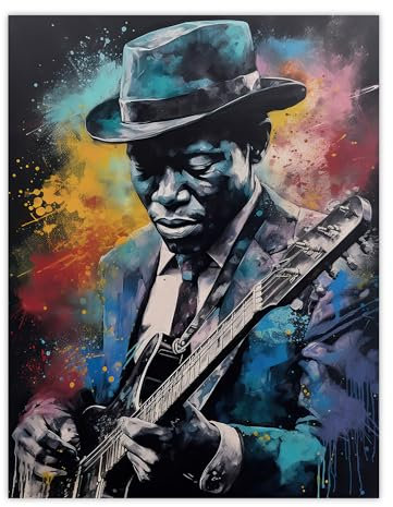 Artery8 Modern Blues Music Musician Colourful Painting Splat Art Portrait Unframed Wall Art Print Poster Home Decor Premium