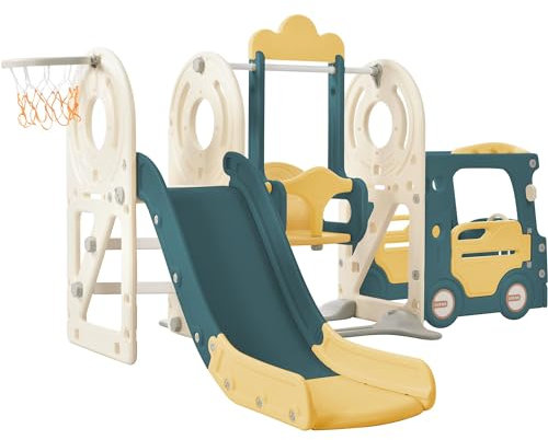 Tobogán y Columpio para bebés Tobogán Independiente Tobogán Escalador para niños Centro de Actividades Zona de Juegos Infantil Interior Exterior Tobogán Largo Equipo de Juegos (Bus Green)