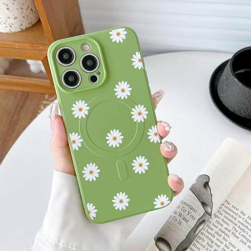 ZTOFERA Magnetic Case for iPhone 13 Pro Max, Cute Daisy Pattern Matte Liquid Silicone Case [Compatible with MagSafe Wireless Charging], Soft Protective Bumper Cover for iPhone 13 Pro Max 6.7 - Green