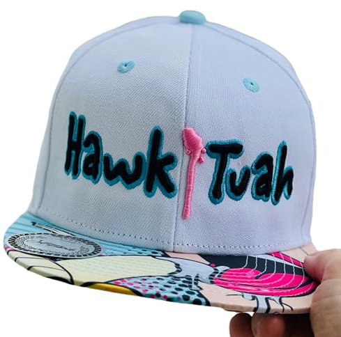 Outfitfabrik Snapback Cap Hawk Tuah in weiß, Schirm mit Banane-Motiv, 3D-Stick in schwarz, für Männer und Frauen, One Size, verstellbar