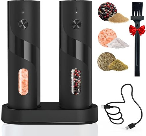 Electric Salt and Pepper Grinder Set Rechargeable with LED lights,Upgraded Larger automatic salt and pepper grinder set with USB C Charging,One-handed Operatio（Pack of 2）