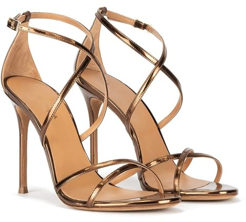 Sandali Con Tacco Alto e Cinturini da Donna,Sandali Décolleté Aperti Alla Moda Estiva Tacchi a Spillo Sexy 10 cm Scarpe Eleganti Festa con Cinturini Incrociati e da Ballo,Bronzo,41 EU