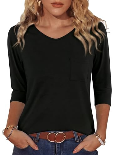 Crewhpo Womens 3/4 Sleeve Tops V Neck T Shirts Summer Casual Basic T-Shirt | Chest Pocket, Solid Color, Loose Fit, Soft Lightweight, Skin Friendly, Elegant Tee Blouses, Office Outfits, Daily Looks