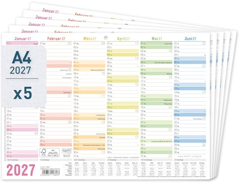 Häfft 5 x Tafelkalender 2027 A4 quer Jahresplaner Wandkalender Rainbow | Aus 400g/m²-Karton, 1 Halbjahr pro Seite, Jahreskalender mit Feiertagen & Ferienübersicht für DE
