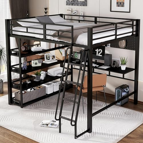 Raeln Letto a soppalco 140x200 cmNero con ripiani vani contenitore scala inclinata e ganci letto rialzato in ferro legno letto matrimoniale salvaspazio per adolescenti e famiglia