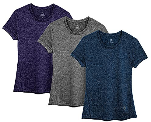 icyzone Sport T-Shirt Damen Kurzarm Laufshirt - Atmungsaktive Fitness Gym Shirt Sport Oberteile, 3er Pack (XL, Royal Blue/Purple/Charcoal)
