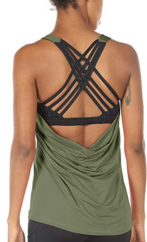 icyzone Damen Sport Tops mit Integriertem BH - 2 in 1 Yoga Gym Shirt Fitness Training Tanktop (L, Olive)