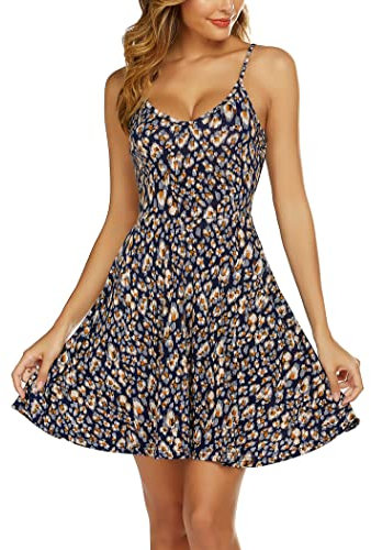 UNibelle Kleid Damen Sommer Blumen Trägerkleid Kurz Elegant Strandkleid Leicht Swing Kleider Spaghetti Minikleider Blau Orange Leoparden M
