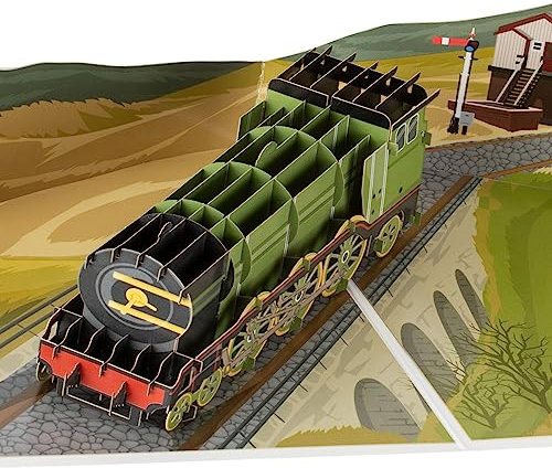 Cardology Tarjeta emergente de tren de vapor | Tarjeta de cumpleaños Flying Scotsman Train, tarjetas del día del padre, regalos de tren para hombres | Hecho a mano 15cm x 20cm