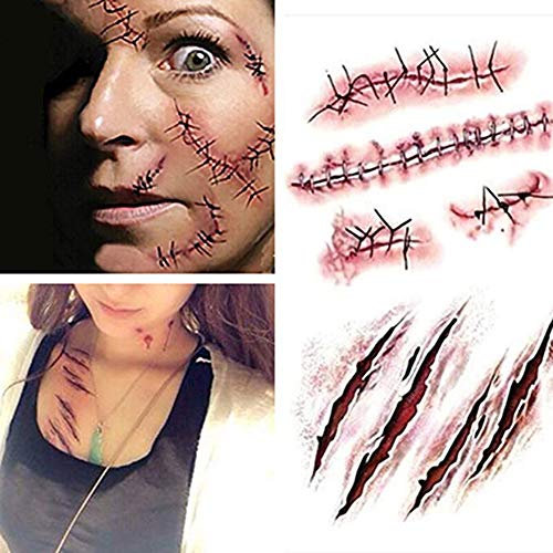 YULOONG Halloween Terreur Réalisme Faux Sang Plaie Suture Cicatrice Cicatrice Imperméable Tatouage Temporaire Autocollant Halloween Faux Visage Farce Maquillage Accessoires (10 PCS)