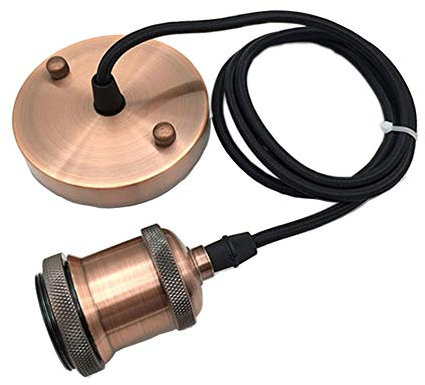 Vintage Pendelleuchte, moderner Retro-Industriestil E27 Kupfer Lampenfassung/Deckenrose, schwarz geflochtenes Flexkabel