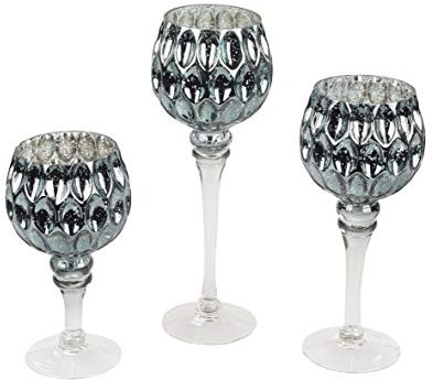 3er Set Glaskelch blaugrau-Silber 20-30cm Glaswindlicht Teelichthalter Windlicht