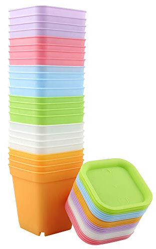 KINGLAKE 24 pezzi 7X8cm vasi plastica per piante, vasi da fiori per vivai con vassoi, vasi da fiori a scacchi, vasi da fiori colorati, 6 colori