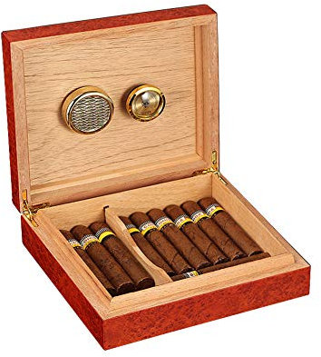 AKT Zedernholz Ausgekleideter Zigarren Humidor Luftbefeuchtergehäuse Box mit Hygrometer & Feuchtigkeitsmesser Feuchtigkeitsgerät, 20 Zählen,Brown