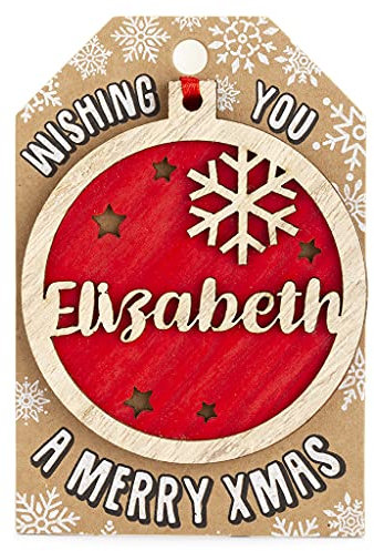 Personalised Wooden Elizabeth Name Red Hanging Christmas Tree Bauble Decoration