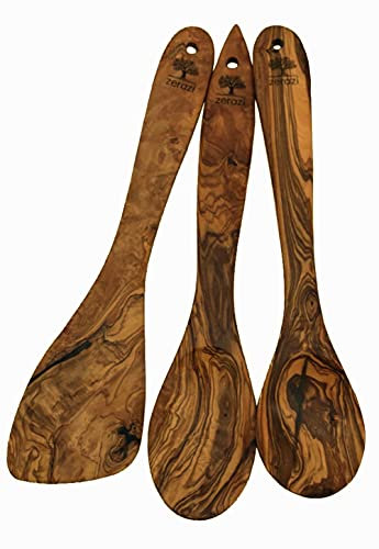 Zerazi | Set De 3 Ustensiles De Cuisine | Bois d’Olivier | 2 Cuillères | 1 Spatule | 30cm | Écologique | Entièrement Fabriqué À La Main | Durable | Hygiénique